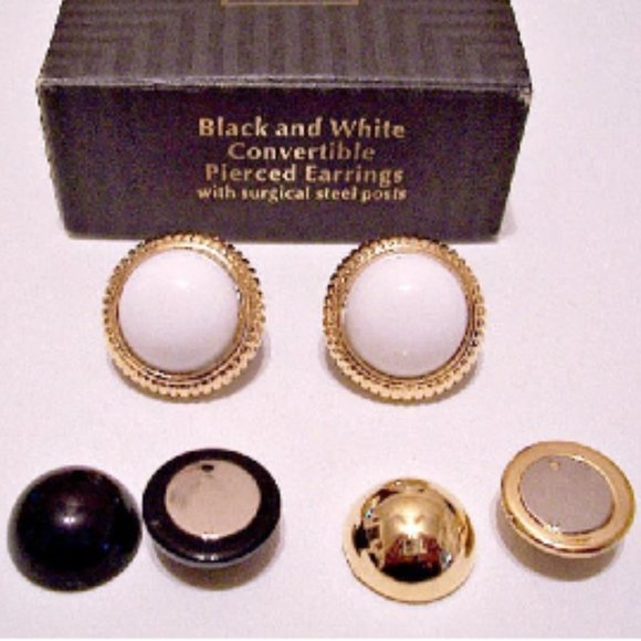 Avon 1996 Black White Gold Convertible Magnetic Pierced Earrings - Picture 1 of 4